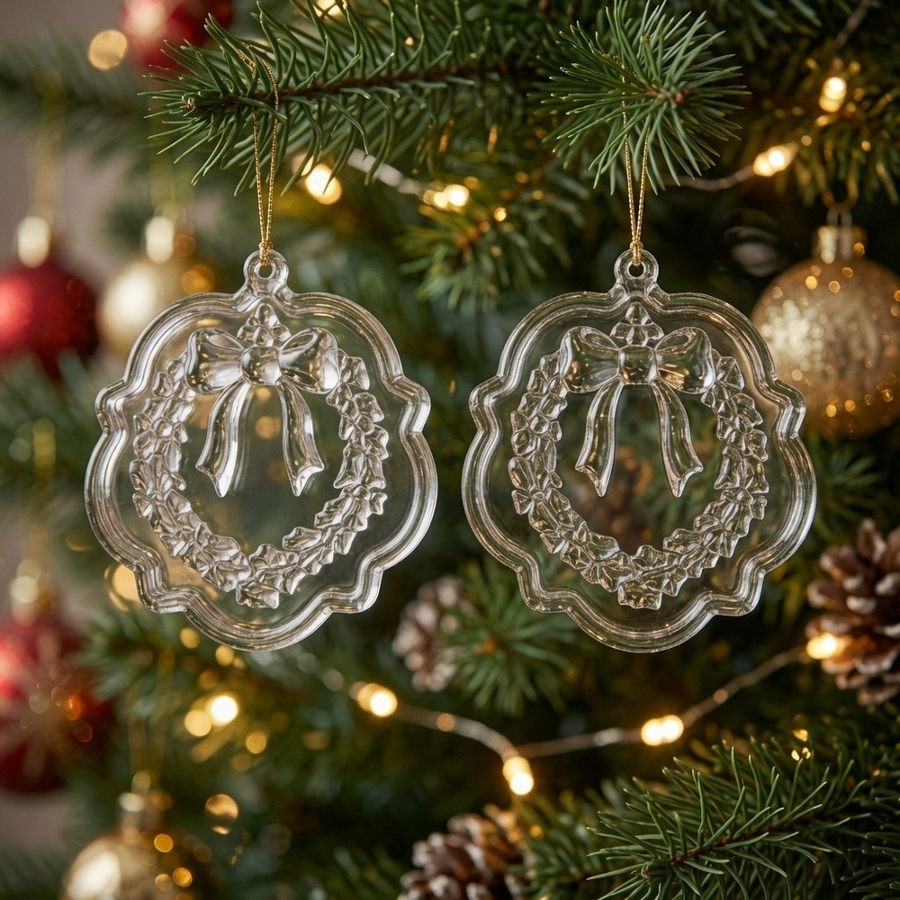 Vintage Fosdick Lead Crystal Wreath Christmas Ornaments 3.5" Set of 2 NIB